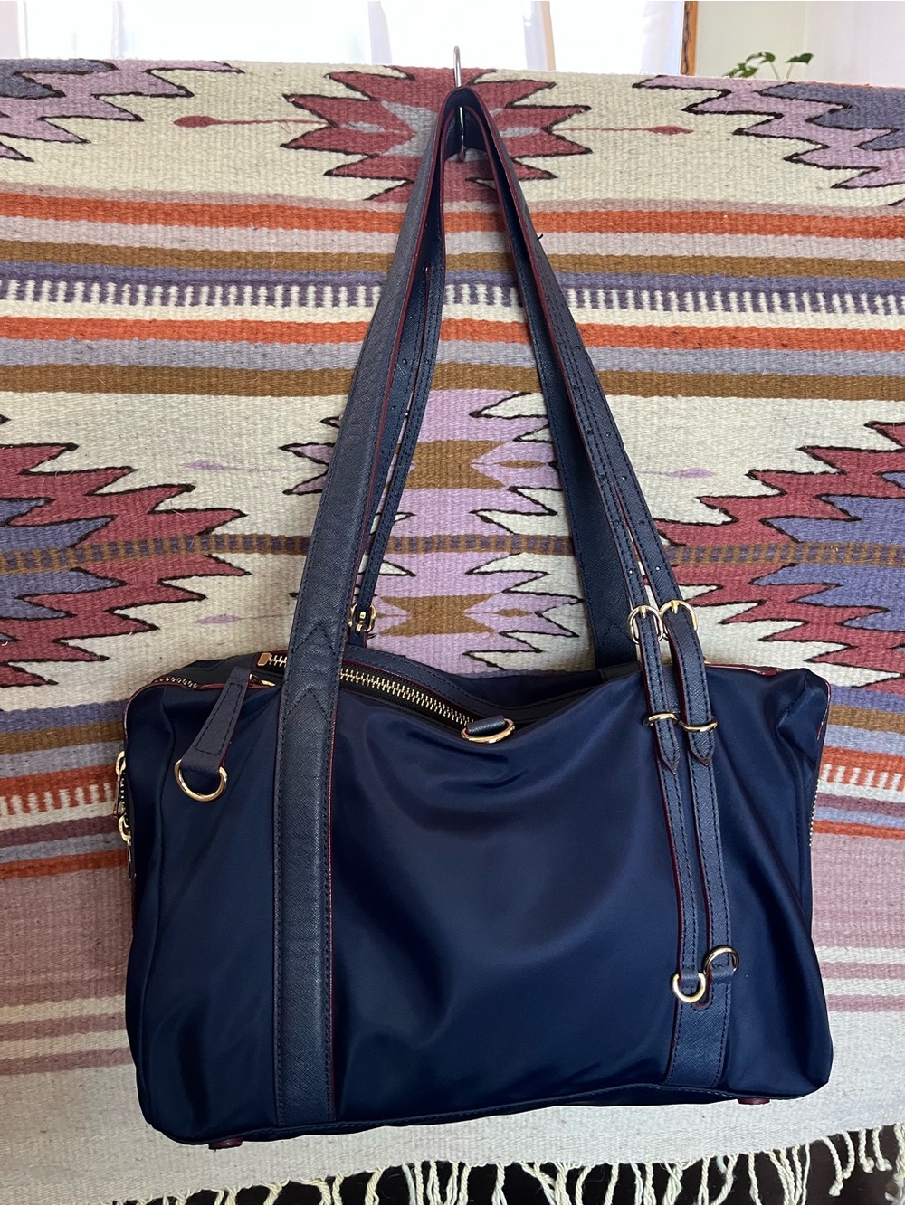 MZ Wallace Nylon Navy Bag Leather Colette Shoulder Blue Gold Satchel Purse Tote